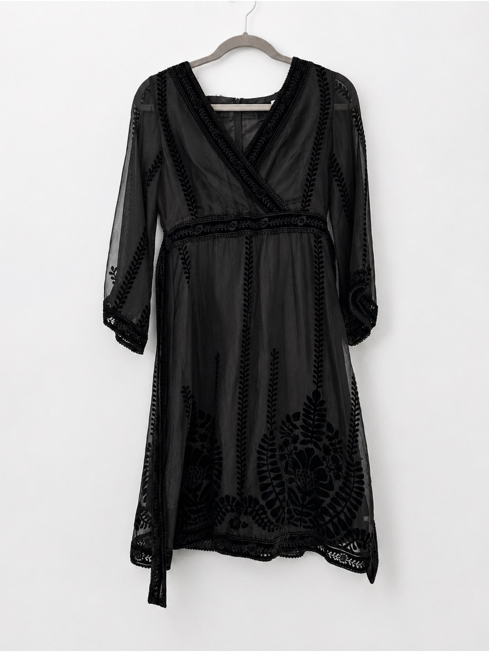 Oxmo Y2K Black Burnout Velvet Sheer Sleeve Midi Dress Boho Goth